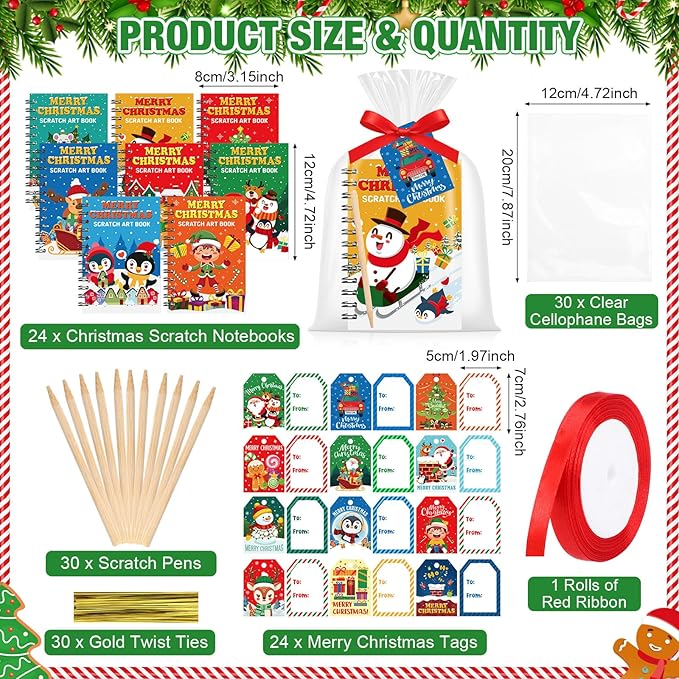 Funrous 24 Pack Christmas Scratch Crafts Gifts Christmas Rainbow Scratch Art Notebooks Bulk Xmas Party Favors Stocking Stuffers Coloring Books for Xmas Gift Birthday Party Activities Supplies