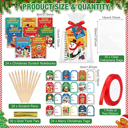 Funrous 24 Pack Christmas Scratch Crafts Gifts Christmas Rainbow Scratch Art Notebooks Bulk Xmas Party Favors Stocking Stuffers Coloring Books for Xmas Gift Birthday Party Activities Supplies