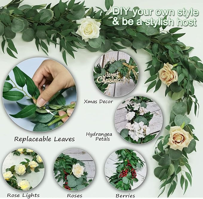 4 Pack Artificial Eucalyptus Garland with Willow Leaves Each 6.5 Feet Fake Greenery Garland Vine for Table Runner Centerpiece Stairs DIY Garlands Decor