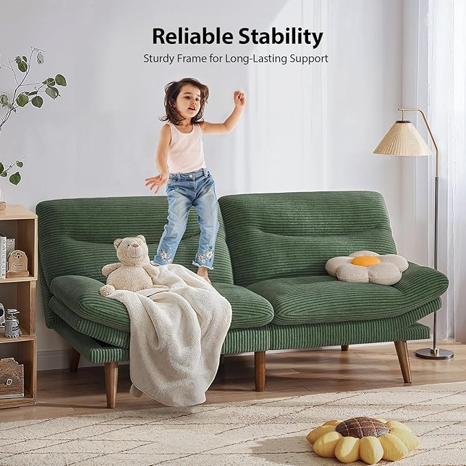 Pipishell Futon Sofa Bed, 75 Inch Corduroy Futon Couch Convertible with Adjustable Backrest and Armrests, Recliner Sleeper Sofa for Small Spaces, Living Room, Office, Guest Room (Green, 75 Inch)