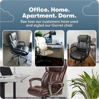 Serta Garret Executive Office Chair, Ergonomic Mid-Back with Lumbar Support, Semi-Plush Cushion and Body Pillows, Padded Armrests, Swivel Base, Bonded Leather, Brown