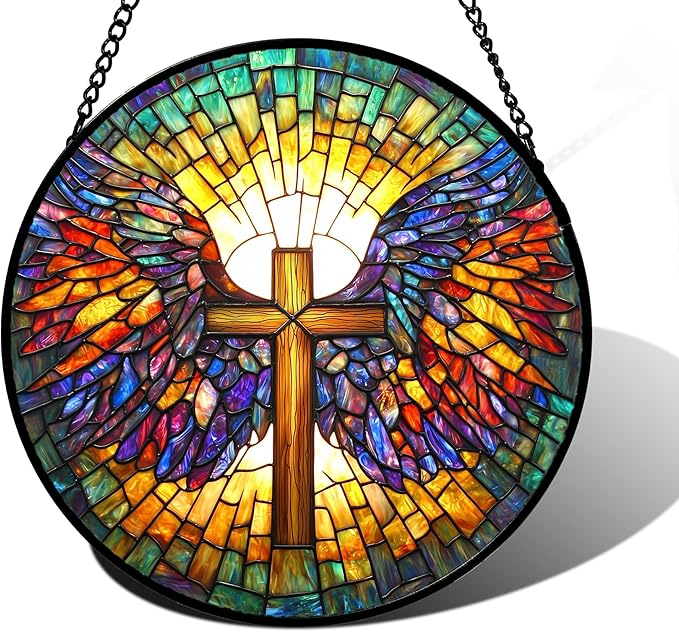 Stained Glass Window Hanging - Jesus Cross Wings Suncatcher Ready to Hang Window Doors Home Decoration and Christmas, Mother's Day Birthday Gifts for Women, Men, and Mom 6.3x6.3 in