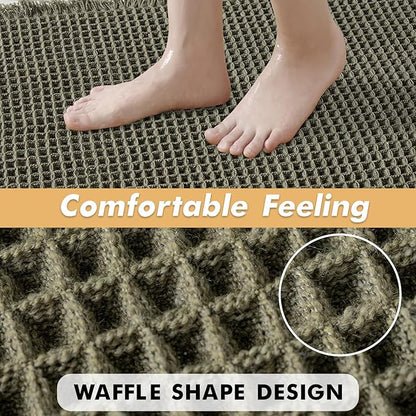 MIULEE Set of 2 Waffle Bathroom Runner Rugs, Boho Bath Rugs Non Slip, Super Absorbent Runner Bath Mats, Rubber Backed Shower Mats for Hallway Bedroom Laundry Room, Green, 2'x4'(24x48 Inch)