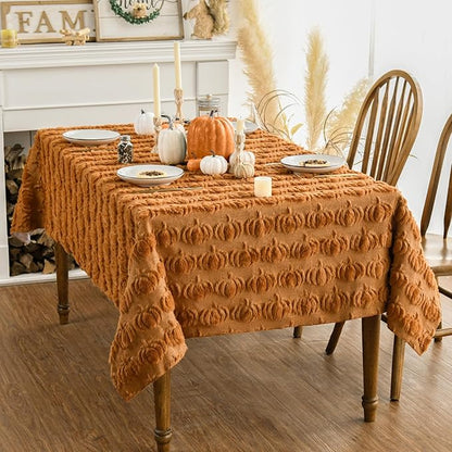 Horaldaily Fall Tablecloth 60x104 Inch Rectangular, Caramel Soft Plush Faux Fur Pumpkin Table Cover, Thanksgiving Autumn Harvest Dining Table Decoration for Home Party Dinner