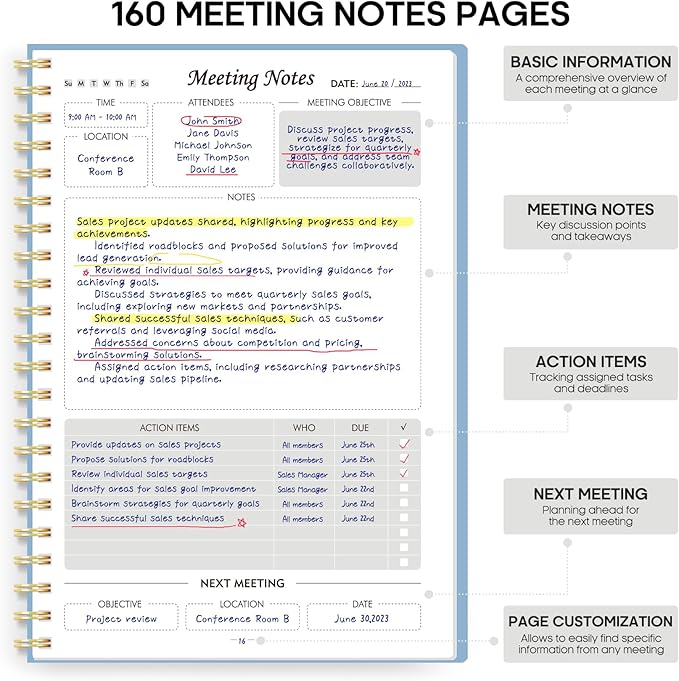 Meeting Notebook for Work Organization - Work Planner Notebook with Action Items, Agenda Planner for Note Taking, 160 Pages (6.9" X 9.9") Project Organizer for Men & Women - Sky Blue