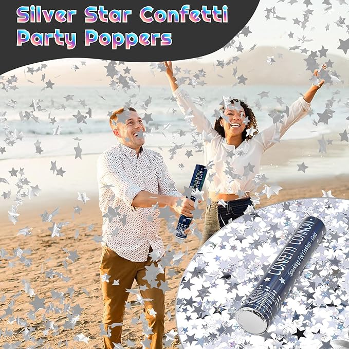 Confetti Cannon Sliver 12 Pack Confetti Poppers 12 Inch Confetti Party Poppers with Silver Star Confetti Bulk Streamer Blaster Shooter for New Year Christmas Birthdays,Weddings,Graduation Decorations