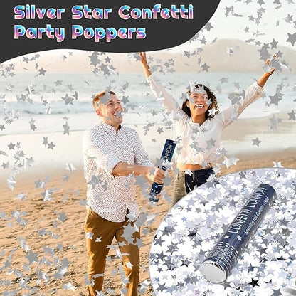 Confetti Cannon Sliver 12 Pack Confetti Poppers 12 Inch Confetti Party Poppers with Silver Star Confetti Bulk Streamer Blaster Shooter for New Year Christmas Birthdays,Weddings,Graduation Decorations
