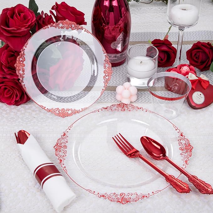 Hioasis 175pcs Clear Red Plastic Plates - Elegant Disposable Dinnerware Set Suitable for 25 Guests Include 10.25" Dinner & 7.5" Dessert Plates, Pre Rolled Silverware Set, Cups for Party & Christmas