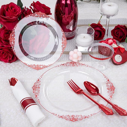 Hioasis 175pcs Clear Red Plastic Plates - Elegant Disposable Dinnerware Set Suitable for 25 Guests Include 10.25" Dinner & 7.5" Dessert Plates, Pre Rolled Silverware Set, Cups for Party & Christmas