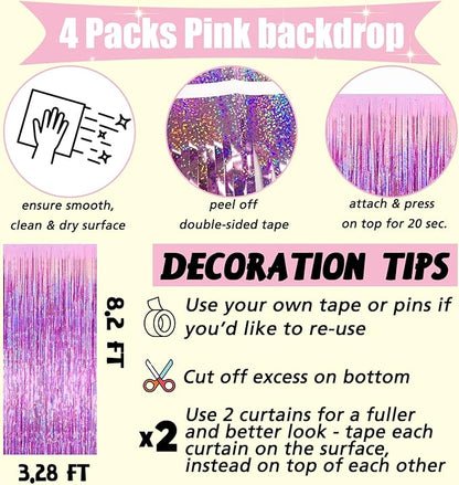 4 Pack Pink Fringe Curtain Backdrop, 3.2Ft x 8.2Ft Sparkle Metallic Tinsel Foil Fringe Streamers Background for Photo Booth Birthday Wedding Baby Shower Party Thanksgiving Christmas Decorations