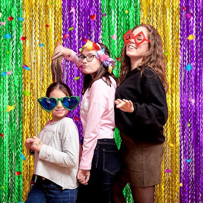 4 Pack Gold Green Purple Fringe Curtain Backdrop 3.2Ft x 8.2Ft Metallic Tinsel Foil Fringe Streamers Background for Photo Booth Mother's Day, Easter, Carnival, Birthday, Wedding Party Decoration
