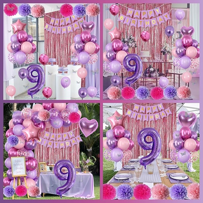 Pink Purple 9th Birthday Party Decorations for Girls Number 9 Balloon Happy Birthday Banner Butterfly Stickers Fringe Curtain Paper Pom Poms Metallic Hot Pink Star Foil Balloons 9 Year Old Princess