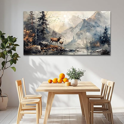 FUHAIHUA Canvas Wall Art For Living Room Large Wall Decor For Office Bedroom Wall Pictures Mountain Forest Landscape Ink Paintings Modern Poster Prints Artwork Room Home Decor Deer Mural 24x48 In