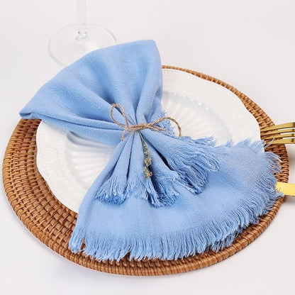 Handmade Cloth Napkins with Fringe,18 x 18 Inches Cotton Linen Napkins Set of 4 Versatile Handmade Square Rustic Fringe Napkins for Dinner, Wedding and Parties, Dusty Blue