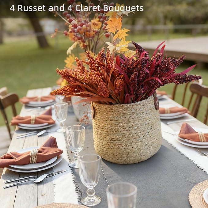 KBREE 16" Artificial Fall Grain Bundles for Thanksgiving Decoration, 4 Packs Rustic Harvest Sheaves with Aged Leaves, Faux Grain Bouquets for Thanksgiving Table Centerpiece, Farmhouse Decor (Claret)