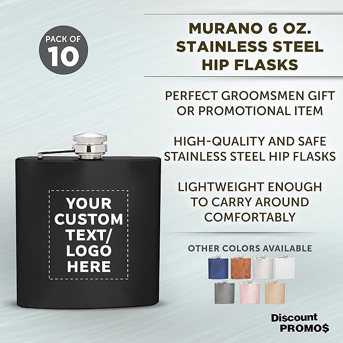 Custom Murano Stainless Steel Hip Flasks 6 oz. Set of 10, Personalized Bulk Pack - Screw on Cap, Great for Wedding Party Gifts, Groomsmen Gifts, Outdoor Activities - Black