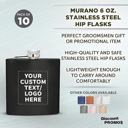 Custom Murano Stainless Steel Hip Flasks 6 oz. Set of 10, Personalized Bulk Pack - Screw on Cap, Great for Wedding Party Gifts, Groomsmen Gifts, Outdoor Activities - Black