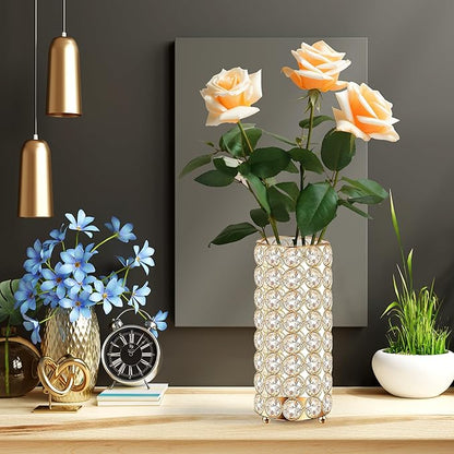 8 Pcs Gold Crystal Flower Vase and Pillar Candle Holder Set, 7.87" Metal Cylinder Stand for Wedding Table Centerpieces, Flower Arrangements, Christmas Party, Event Decor, and Gifts