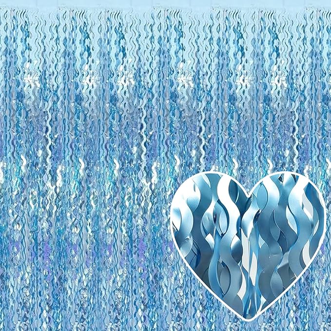 4 Pack Light Blue Fringe Curtain Backdrop 3.2Ft x 8.2Ft Metallic Tinsel Foil Fringe Streamers Background for Photo Booth Mother's Day, Easter, Carnival, Birthday, Wedding Party Decoration