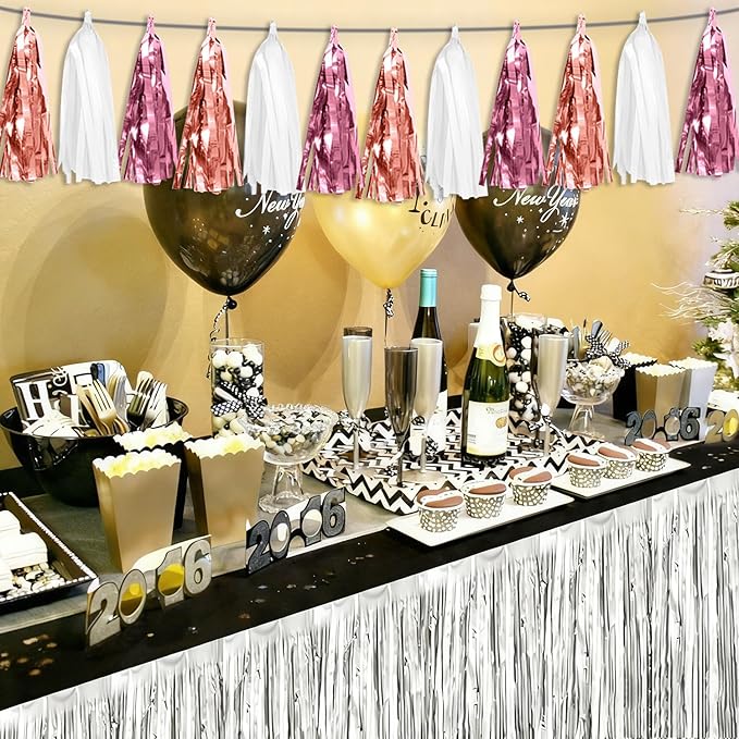 3P Rose-Gold Pink White Tassel Banner Garland Metallic Foil Fringe Banner Tinsel Tassels Streamer Banner Backdrop for Parade Floats, Graduation 2025, Wedding, Birthday, Retirement Party Decorations