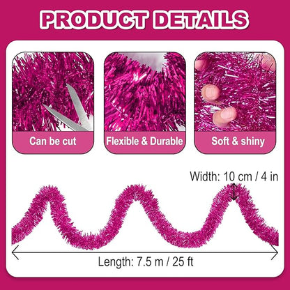 25 Feet Christmas Foil Fringe Banner Metallic Tassle Garland Metallic Backdrop Parade Floats Shiny Hanging Ceiling, Valentine's, Wedding, New Year Party Decorations(4" x 25', Rose Red)