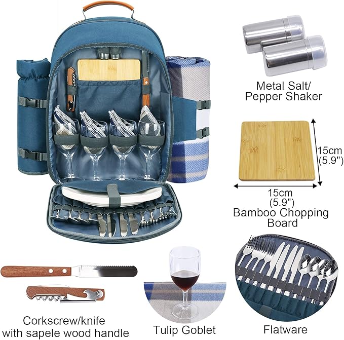 Sunflora Picnic Backpack for 4 Person Set Pack with Insulated Waterproof Pouch for Family Outdoor Camping(Light Blue)