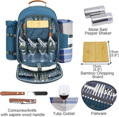 Sunflora Picnic Backpack for 4 Person Set Pack with Insulated Waterproof Pouch for Family Outdoor Camping(Light Blue)