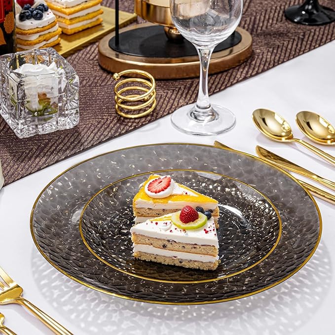 Rubtlamp 60Pcs Black Plastic Plates, Black Disposable Plates With Gold Rim, Clear Heavy-duty Party Plates, Hammered Plastic plates Include 30 Dessert Platos, 30 Dinner Platos for Party, New Year