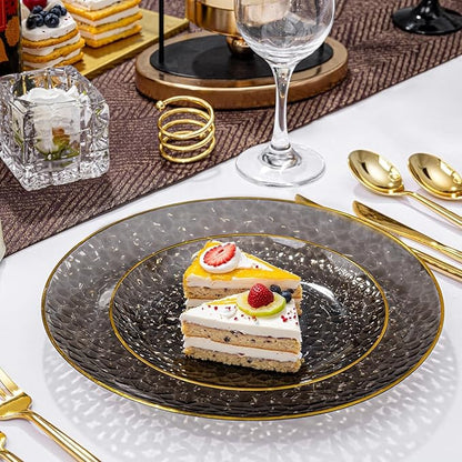 Rubtlamp 60Pcs Black Plastic Plates, Black Disposable Plates With Gold Rim, Clear Heavy-duty Party Plates, Hammered Plastic plates Include 30 Dessert Platos, 30 Dinner Platos for Party, New Year