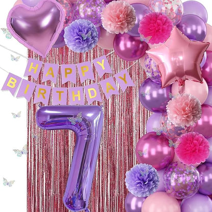 Pink Purple 7th Birthday Party Decorations for Girls Number 7 Balloon Happy Birthday Banner Butterfly Stickers Fringe Curtain Paper Pom Poms Metallic Hot Pink Star Foil Balloons 7 Year Old Princess