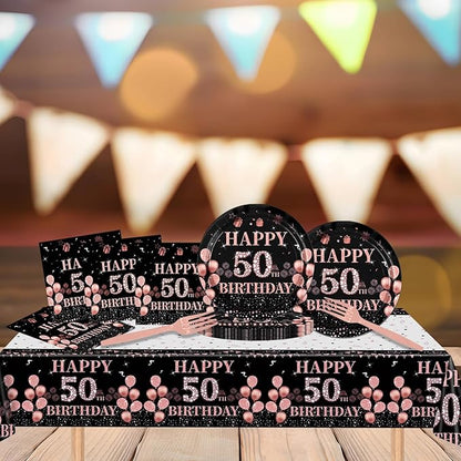 50th Birthday Decorations for Women,61Pcs Rose Gold 50th Birthday Decorations Tableware Include Happy 50th Birthday Plates and Napkins,Tablecloth,Forks,50th Birthday Party Supplies Serve 20