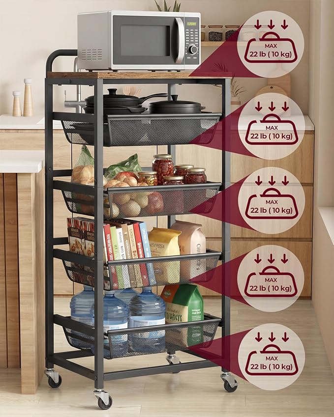 VASAGLE Storage Rolling Cart with Pull-Out Baskets, 5-Tier Utility Cart Orgnizer with Wheels for Laundry Room, Kitchen, Handle, 12.5 x 15.8 x 37.4 Inches, Rustic Brown and Ink Black ULRC041K01