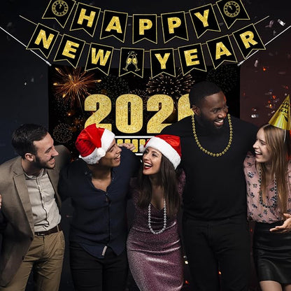 New Years Eve Party Supplies 2026 - Happy New Year Party Supplies Kit for 50 Guests, Including Hats, Glasses, Les, Beads, Squakers, a Backdrop and a Banner, Great New Yeras Decorations