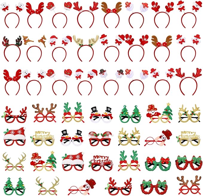 Hiboom 64 Pcs Christmas Glasses Frame and Headbands Set, Glitter Eyewear with Christmas Headband for Adults Holiday Party Decoration Photo