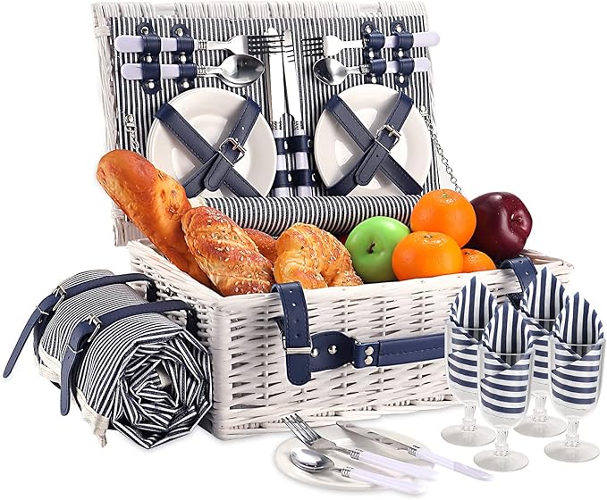 Picnic Basket for 4 Persons with Waterproof Picnic Blanket and Insulated Cooler, Large Wicker Picnic Basket for Camping, Outdoors, Valentine's Day, Christmas, Birthday, Wedding Gift