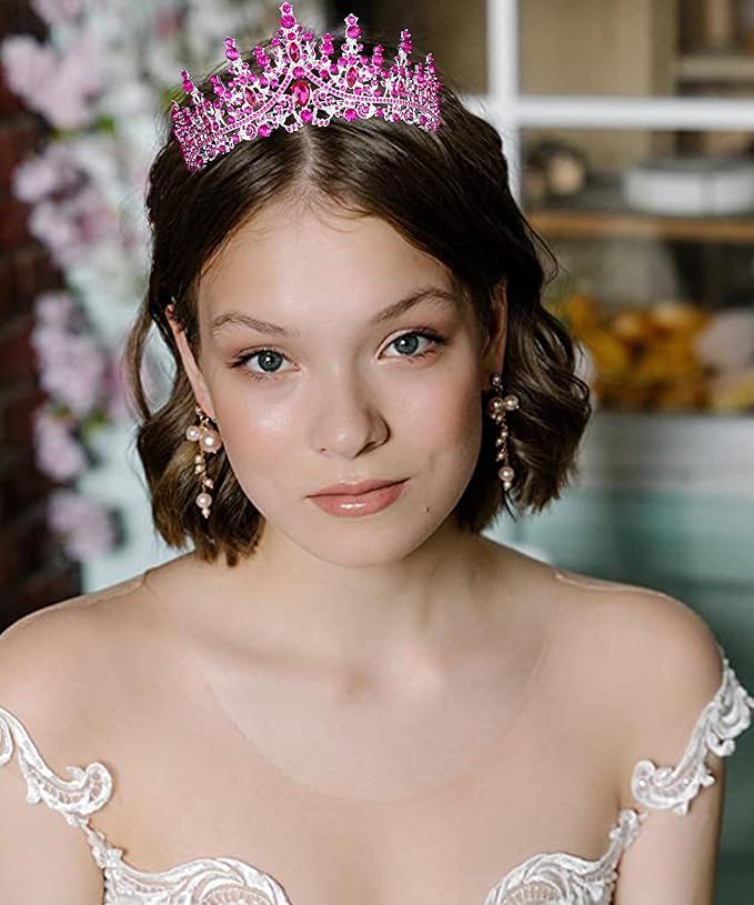 COCIDE Hot Pink Crowns for Women Hot Pink Tiaras for Women Costume Halloween Girls Hair Accessories Royal Crystal Headbands Cosplay Princess Birthday Pageant Bride Headpieces