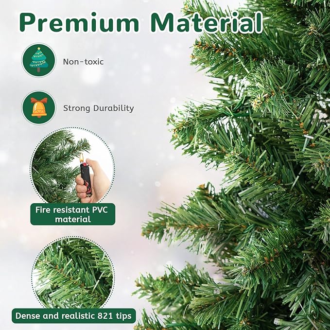 GOLFAME 6FT Pre-Lit Artificial Christmas Tree, Decorative Hinged Xmas Tree with 560 LED Lights, 821 Branch Tips, Upgraded Metal Stand, Christmas Holiday Tree for Home Office Party