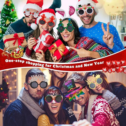 Christmas and New Year Party Glasses Set, 24 Pieces Novelty XMAS Eyeglasses, Photo Booth Props for Holiday Celebration, Christmas Party Favors, New Year's Eve Party Supplies