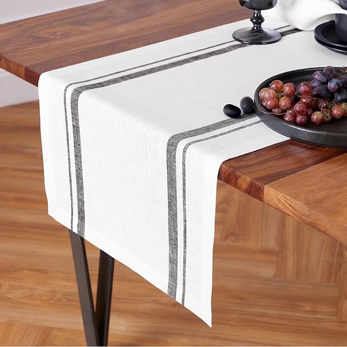 Solino Home Linen Table Runner 108 Inches Long - 100% Pure Linen Black and White French Stripe Table Runner 16 x 108 Inch for Dining, Fall, Autumn