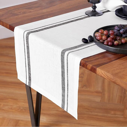 Solino Home Linen Table Runner 72 Inches Long - 100% Pure Linen Black and White French Stripe Table Runner 16 x 72 Inch for Dining, Dresser, Fall, Autumn