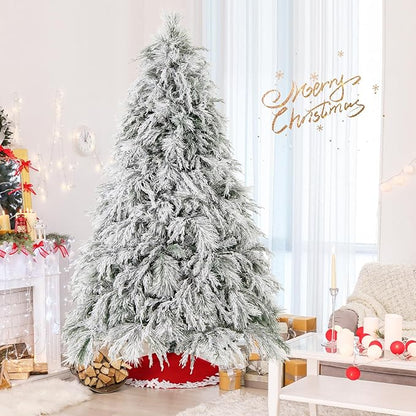 GOFLAME 7ft Pre-Lit Christmas Tree Snow Flocked, Hinged Artificial Xmas Tree with 743 Branch Tips, 320 Warm White LED Lights, Willow Leaves, Holiday Decoration Tree for Home Office Party