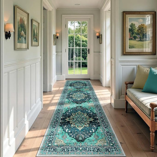 Area Rugs 3'x9' Runner Rug Non Slip Washable for Kitchen Hallway Bedroom Beside Laundry Room Bathroom Rug, Floor Carpet, Teal Green Lake Blue Turquoise