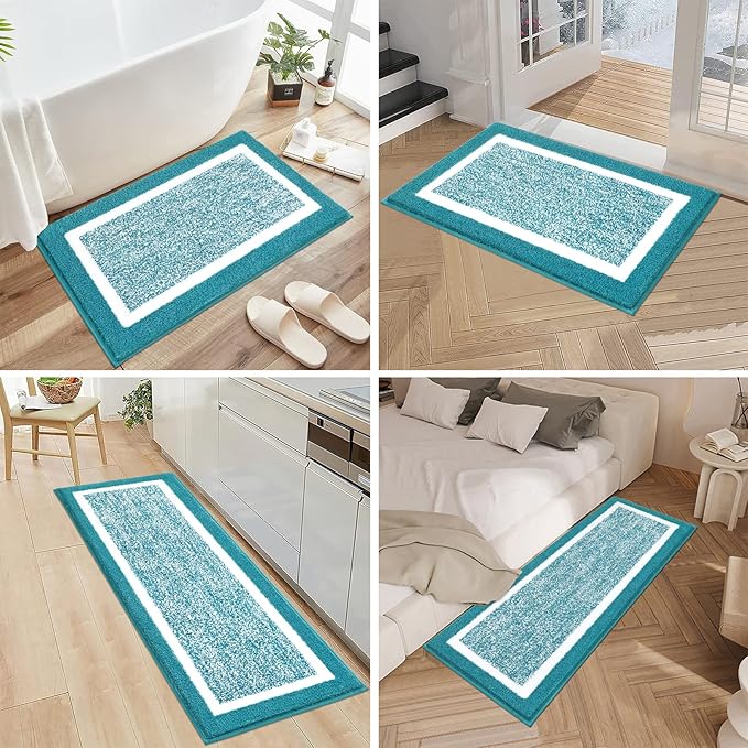 Pauwer Bathroom Rug Sets - 3 Piece Shower Rugs with U-Shaped Contour Toilet Mat, Absorbent Microfiber Plush Bath Mats, Non Slip, Machine Washable Shaggy Bathroom Floor Mats, Aqua Blue