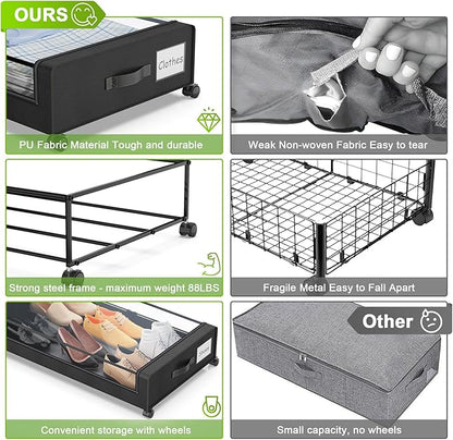 Under Bed Storage with Wheels, 4-Pack Under the Bed Storage Containers with Clear Lids & Label, Underbed Storage Bins, XXL 60L Rolling Metal Drawer for Clothes, Shoes, Toys, Books - Black