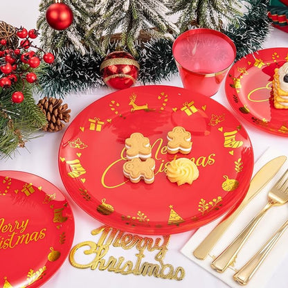 Ciaell 175 Pieces Christmas Plastic Plates - Red and Gold Plastic Plates include 25Dinner Plate, 25Dessert Plate, 25Knives, 25Forks, 25Spoons, 25cups, 25 Christmas Napkins for Xmas Party