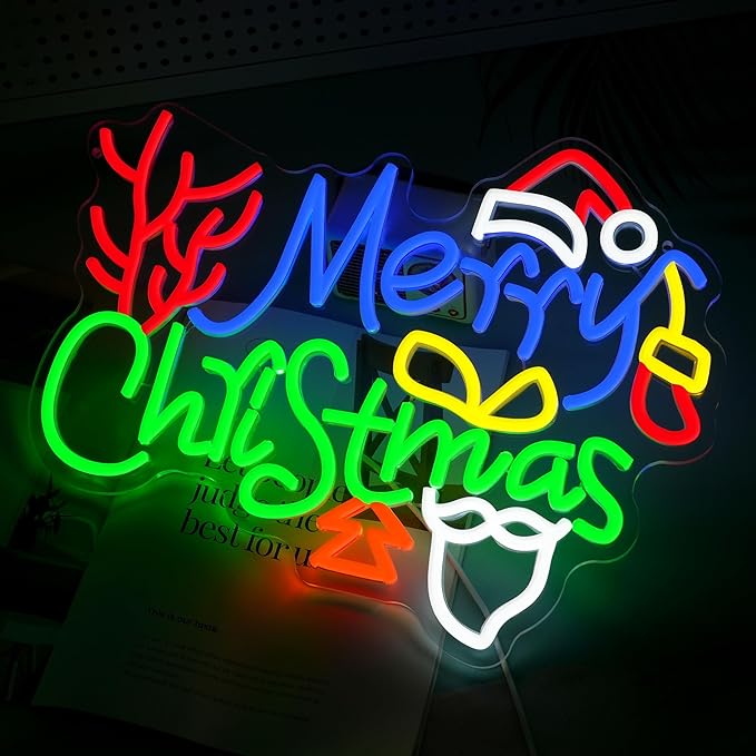 LISIGNVE Merry Christmas Neon Sign with Santa Hat Dimmable USB Powered Led Christmas Tree Stocking Light UP Sign for Home Bar Window New Year Party(16.5 * 12.4 In)