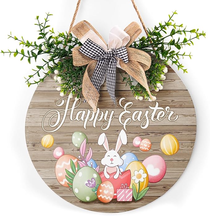 Harooni Happy Easter Wreaths for Front Door Easter Eggs Wooden Hanging Sign Cute Bunny Door Hanger Sign Rustic Easter Decorations with Bow for Home Front Porch Yard Window Wall Farmhouse 12x12 Inch