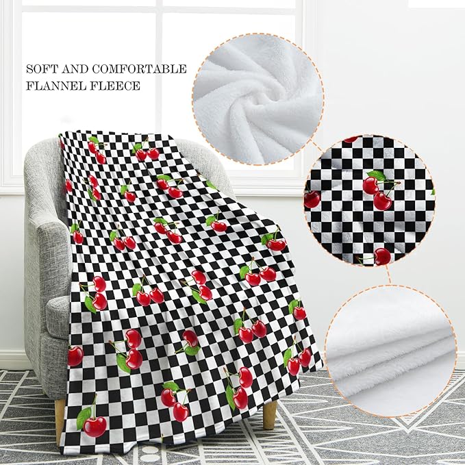 Jekeno Cherry Fruit Blanket Gifts for Women Kids Girls Boys Mom Wife Men Birthday Christmas Halloween Easter Presents Home Bedroom Living Room Bed Sofa Decor Black White Checkered Plush Throw 50"x60"