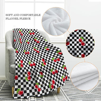 Jekeno Cherry Fruit Blanket Gifts for Women Kids Girls Boys Mom Wife Men Birthday Christmas Halloween Easter Presents Home Bedroom Living Room Bed Sofa Decor Black White Checkered Plush Throw 50"x60"