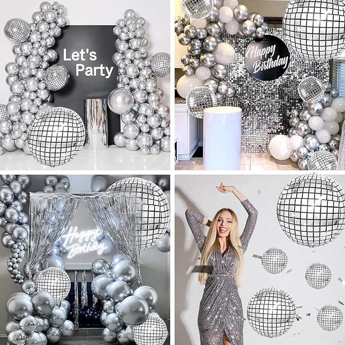 16PCS Disco Ball Balloons, 32in 22in 10in Large 4D Metallic Silver Disco Balloons Foil Balloon for 70s 80s 90s Discos Party Birthday Baby Shower Graduation Party Decorations